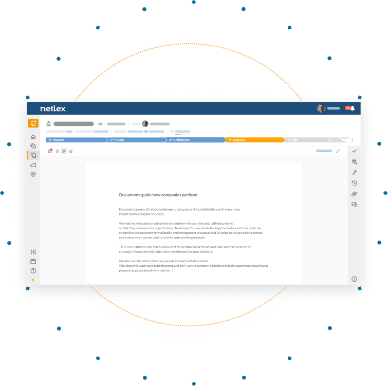 Netlex internal screen, which represents a document workflow step and has, in the center, an open document page. This functionality helps to optimize the entire management of the lifecycle of contracts and other documents, avoiding rework and eliminating bottlenecks throughout the operations of large companies.